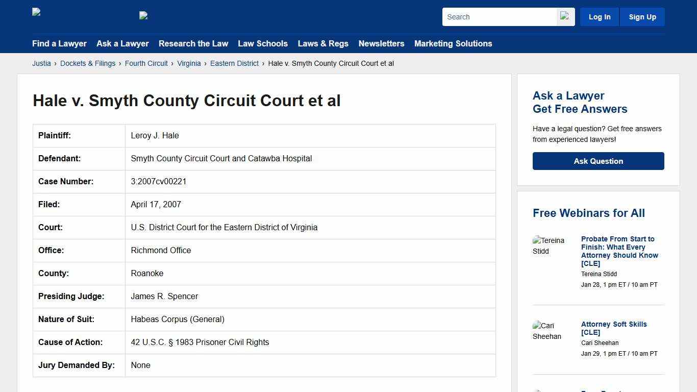 Hale v. Smyth County Circuit Court et al 3:2007cv00221 U.S. District Court for the Eastern District of Virginia Justia